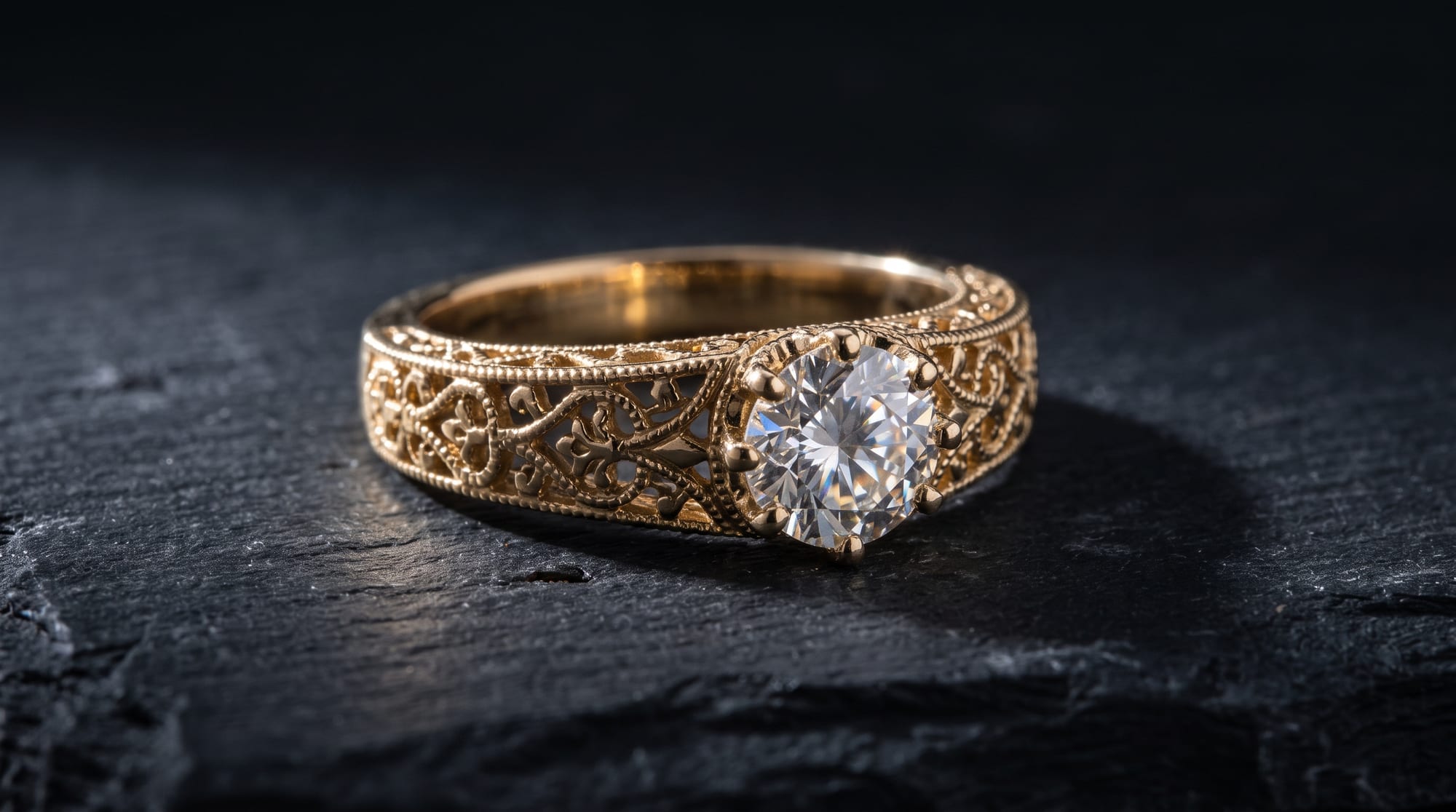 A yellow-gold ring with pierced scrollwork along the shoulders and a milgrain edge, set with a round brilliant-cut diamond, on dark slate.