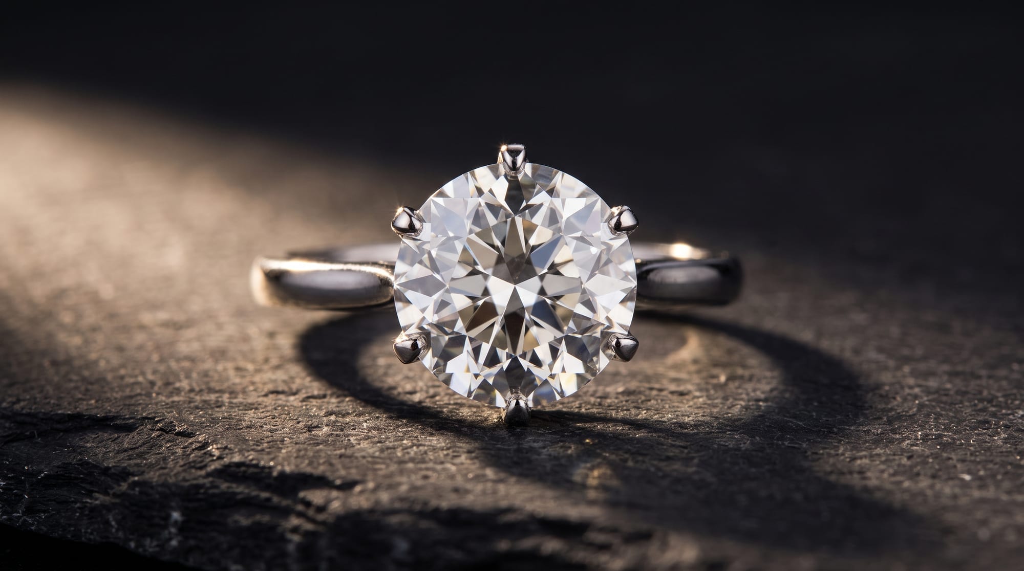 A round brilliant-cut diamond in a slender six-claw white-metal solitaire setting, lit from one side on dark slate.